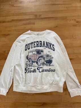 Altar'd State White Crewneck Sweater with Navy Outerbanks Graphic